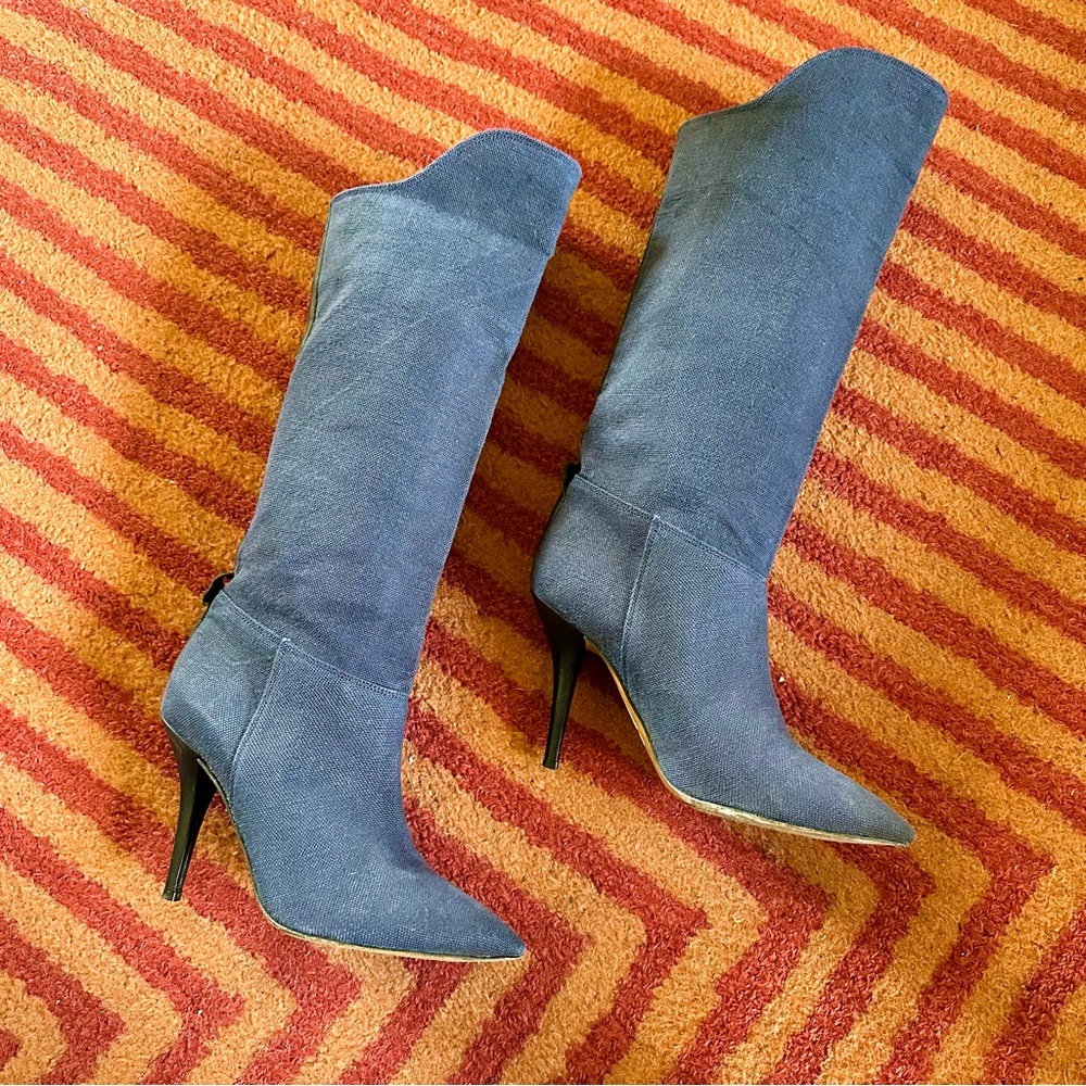 French “It Girl” ISABEL MARANT Blue Canvas & Leather Heeled Western Boots 38 7 8